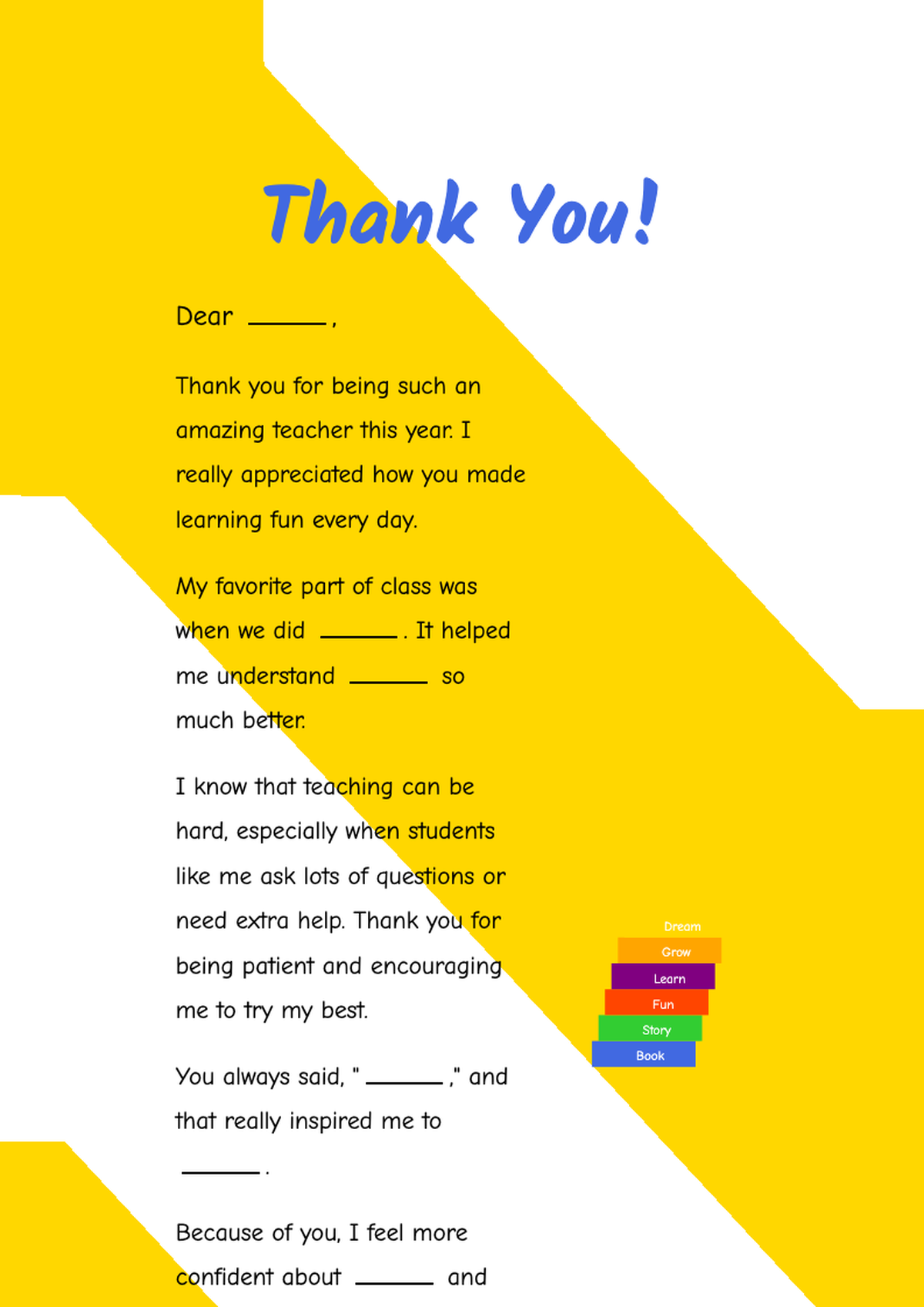 Fill in the blank teacher thank you letter template with colorful book stack border_variant_1